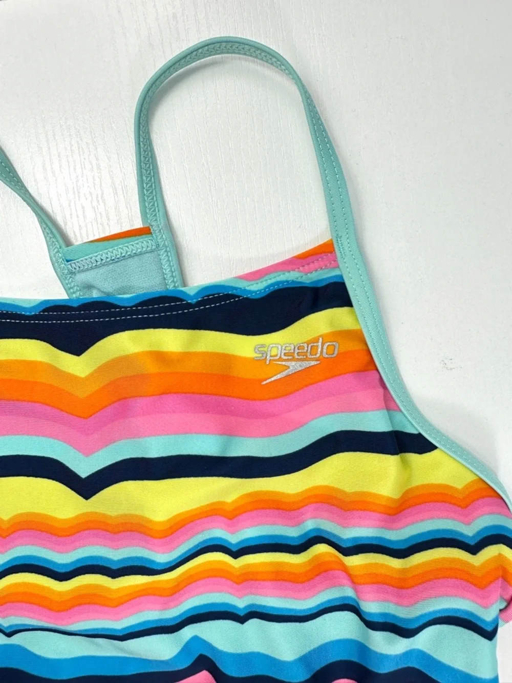 Speedo Girls Thin Strap One Piece Swimsuit M rainbow wavy stripe design